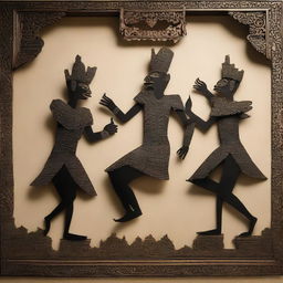 A traditional Javanese 'wayang kulit' (shadow puppet) wall decoration creatively displayed on a wall. Its intricate design and cultural significance prominently featured.