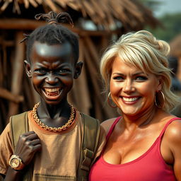 In an African village, a very short, malnourished 25-year-old Black woman with deep black skin and a fierce expression, showing her decayed teeth
