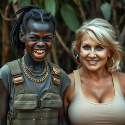 In an African tribe, a very short, malnourished 25-year-old Black woman with deep black skin and a fierce expression, revealing her decayed teeth