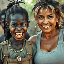 In an African tribe, a very short, malnourished 25-year-old Black woman with deep black skin and a fierce expression, revealing her decayed teeth