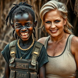 In an African tribe, a very short, malnourished 25-year-old Black woman with deep black skin and a fierce expression, revealing her decayed teeth