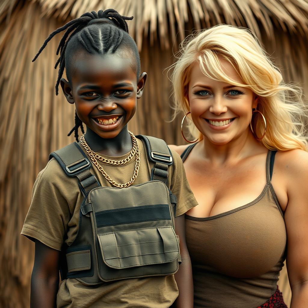 In an African tribe, a very short, malnourished 25-year-old Black woman with deep black skin and a fierce expression, revealing her decayed teeth