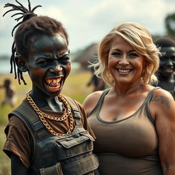 In an African tribe, a very short, malnourished 25-year-old Black woman with deep black skin and a fierce expression, exposing her decayed teeth