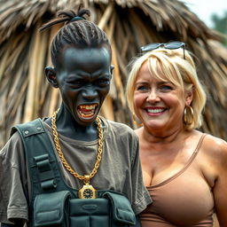 In an African tribe, a very short, malnourished 25-year-old Black woman with deep black skin and a fierce expression, exposing her decayed teeth