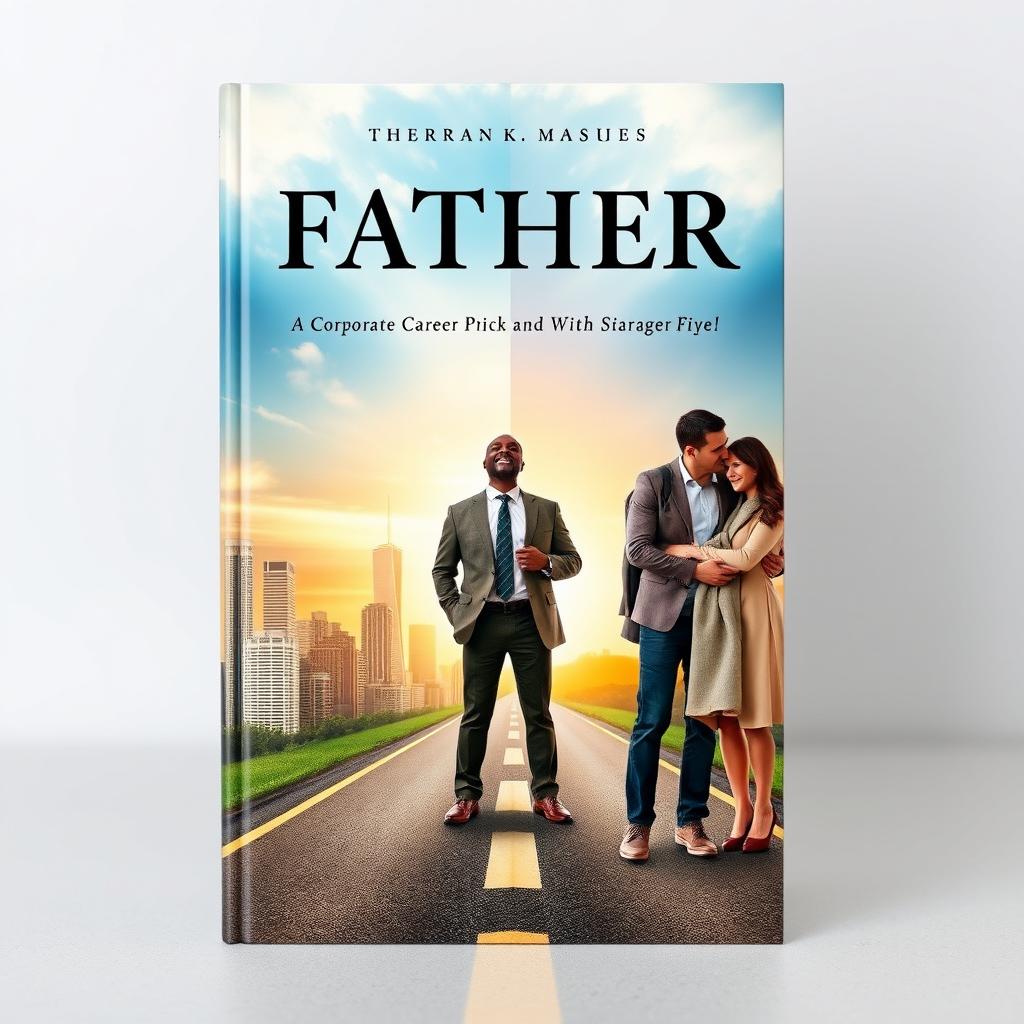 A book cover that features a father standing in the middle of a crossroads, symbolizing two distinct paths