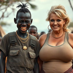 In an African tribe, a very short, malnourished 25-year-old Black woman with deep black skin and a fierce expression, revealing her decayed teeth