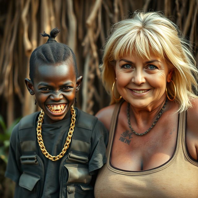 In an African tribe, a very short, malnourished 25-year-old Black woman with deep black skin and a fierce expression, revealing her decayed teeth