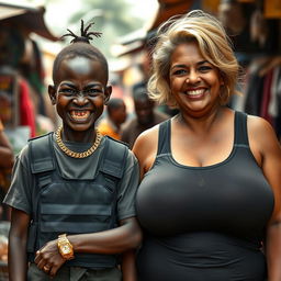 In an African market, a very short, malnourished 25-year-old Black woman with deep black skin and a fierce expression exhibits decayed teeth