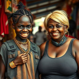 In an African market, a very short, malnourished 25-year-old Black woman with deep black skin and a fierce expression exhibits decayed teeth