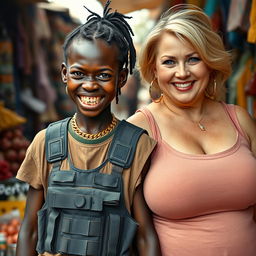 In an African market, a very short, malnourished 25-year-old Black woman with deep black skin and a fierce expression exhibits decayed teeth