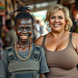 In an African market, a very short, malnourished 25-year-old Black woman with deep black skin and a fierce expression exhibits decayed teeth