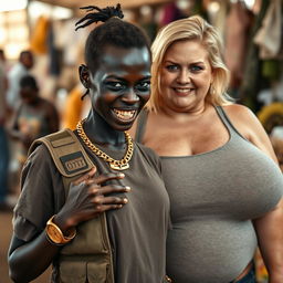At an African market, a very short, malnourished 25-year-old Black woman with deep black skin and a fierce expression, showcasing her decayed teeth