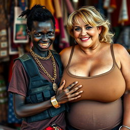 At an African market, a very short, malnourished 25-year-old Black woman with deep black skin and a fierce expression, showcasing her decayed teeth