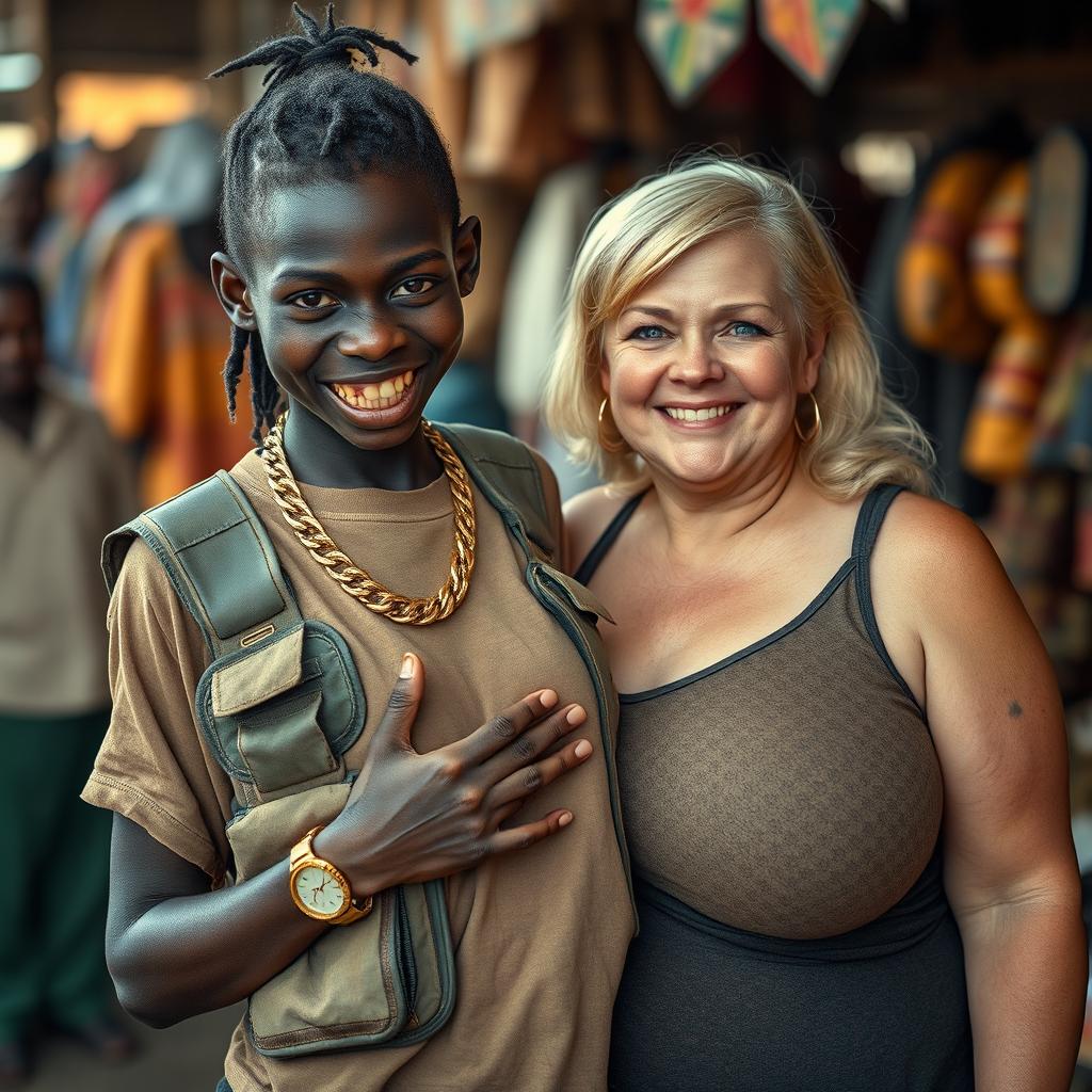 At an African market, a very short, malnourished 25-year-old Black woman with deep black skin and a fierce expression, showcasing her decayed teeth