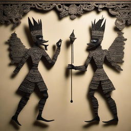 A traditional Javanese 'wayang kulit' (shadow puppet) wall decoration creatively displayed on a wall. Its intricate design and cultural significance prominently featured.