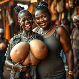 At an African market, a very short, malnourished 25-year-old Black woman with deep black skin and a fierce expression displays her decayed teeth