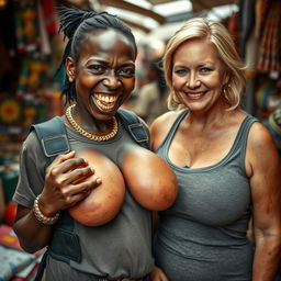 At an African market, a very short, malnourished 25-year-old Black woman with deep black skin and a fierce expression displays her decayed teeth