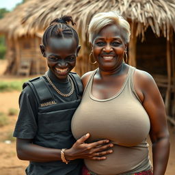 In an African village, a very short, malnourished 25-year-old Black woman with deep black skin and a fierce expression showcases her decayed teeth