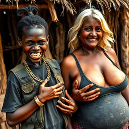 In an African village, a very short, malnourished 25-year-old Black woman with deep black skin and a fierce expression showcases her decayed teeth