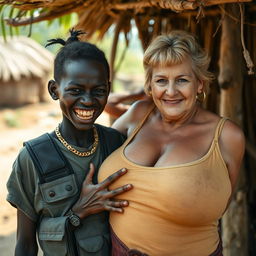 In an African village, a very short, malnourished 25-year-old Black woman with deep black skin and a fierce expression shows her decayed teeth