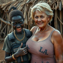 In an African village, a very short, malnourished 25-year-old Black woman with deep black skin and a fierce expression shows her decayed teeth