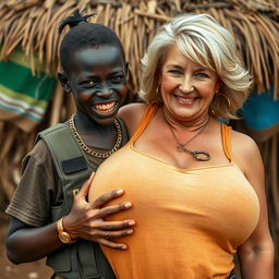 In an African village, a very short, malnourished 25-year-old Black woman with deep black skin and a fierce expression shows her decayed teeth