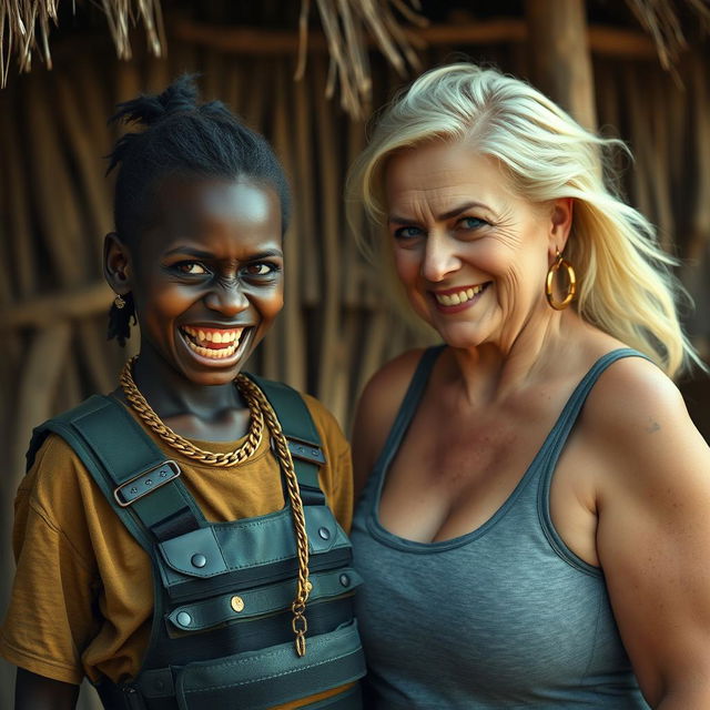 In an African village, a very short and malnourished 25-year-old Black woman with deep black skin and a fierce expression reveals her decayed teeth