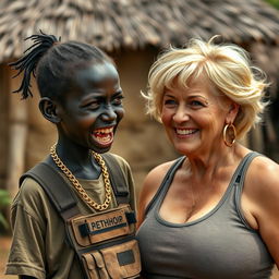 In an African village, a very short and malnourished 25-year-old Black woman with deep black skin and a fierce expression reveals her decayed teeth