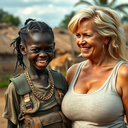 In an African village, a very short and malnourished 25-year-old Black woman with deep black skin and a fierce expression reveals her decayed teeth