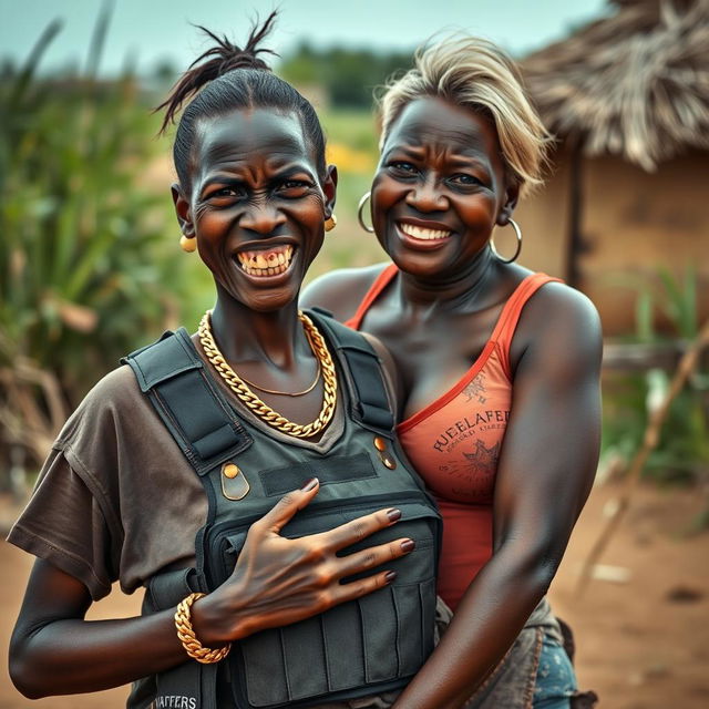 In an African village, a very short, malnourished 25-year-old Black woman with deeply dark skin and a fierce expression showcases her decayed teeth
