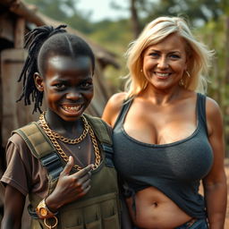 In an African village, a very short, malnourished 25-year-old Black woman with deep black skin and a fierce expression displays her decayed teeth
