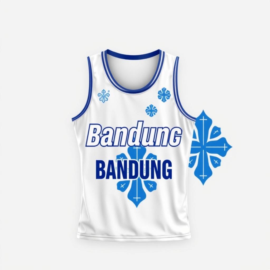 A dynamic and stylish basketball jersey in white featuring a striking blue motif that represents Bandung City