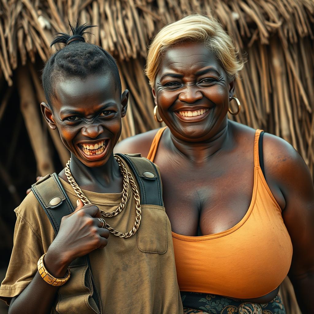 In an African village, a very short and malnourished 25-year-old Black woman with deeply dark skin and a fierce expression shows her decayed teeth