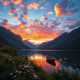 A serene and breathtaking landscape showcasing a vibrant sunset over a tranquil lake surrounded by majestic mountains