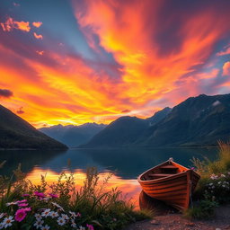 A serene and breathtaking landscape showcasing a vibrant sunset over a tranquil lake surrounded by majestic mountains
