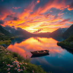 A serene and breathtaking landscape showcasing a vibrant sunset over a tranquil lake surrounded by majestic mountains