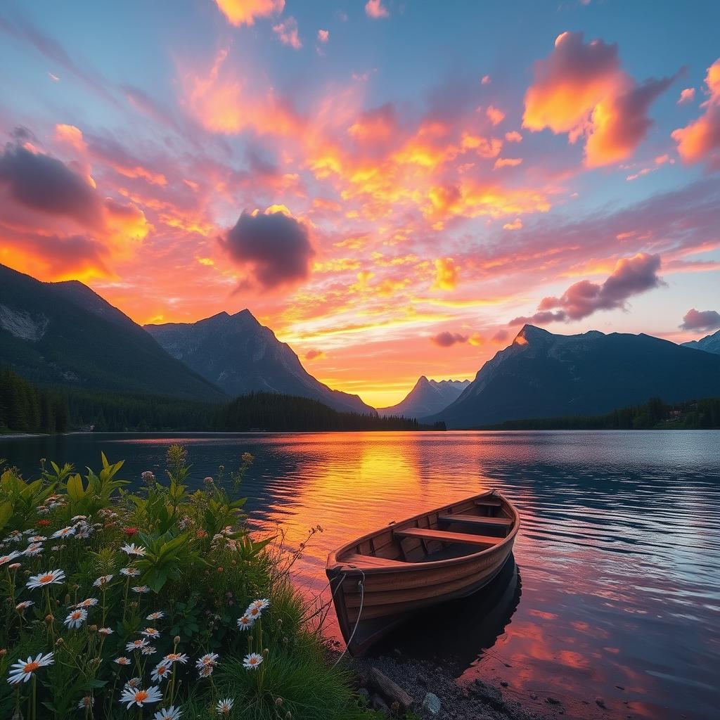 A serene and breathtaking landscape showcasing a vibrant sunset over a tranquil lake surrounded by majestic mountains