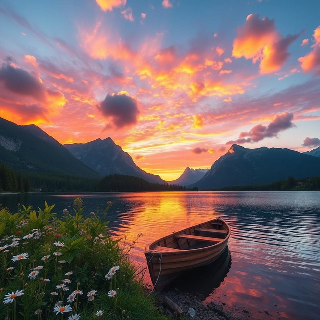 A serene and breathtaking landscape showcasing a vibrant sunset over a tranquil lake surrounded by majestic mountains