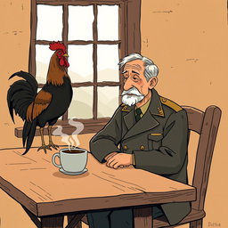 A poignant illustration capturing the theme 'The colonel has no one to write to him', featuring an elderly colonel seated alone at a rustic wooden table