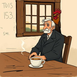 A poignant illustration capturing the theme 'The colonel has no one to write to him', featuring an elderly colonel seated alone at a rustic wooden table
