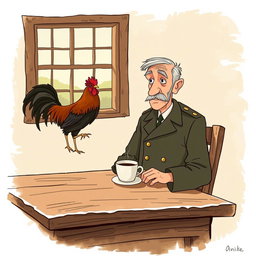 A poignant illustration capturing the theme 'The colonel has no one to write to him', featuring an elderly colonel seated alone at a rustic wooden table