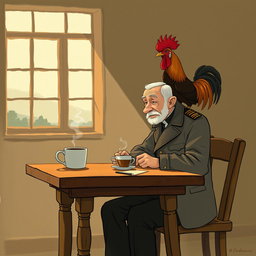A poignant illustration capturing the theme 'The colonel has no one to write to him', featuring an elderly colonel seated alone at a rustic wooden table