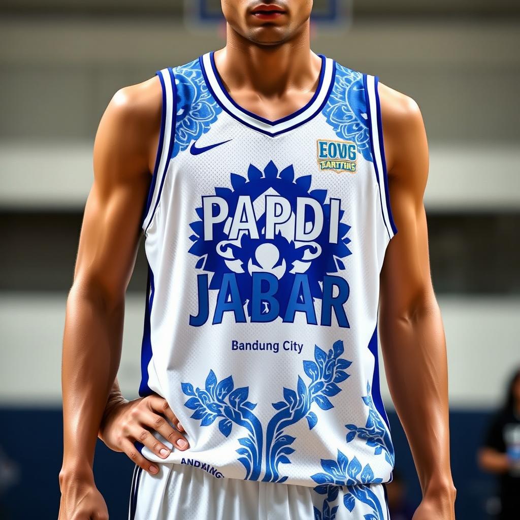 A stylish and modern basketball jersey featuring a white base with a striking blue motif