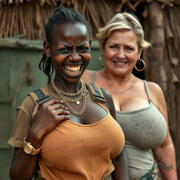 In an African village, a very short, malnourished 25-year-old Black woman with deeply dark skin and a fierce expression reveals her decayed teeth