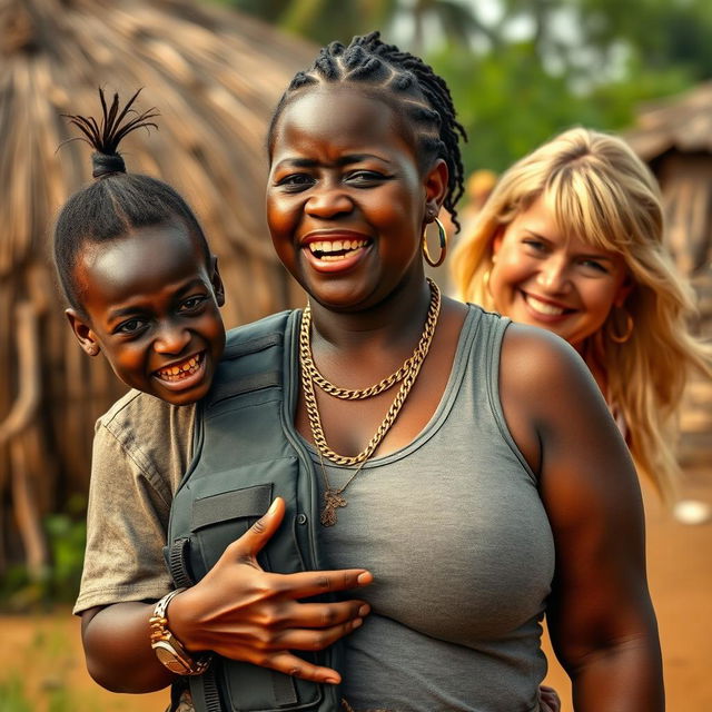 In an African village, a very short, malnourished 25-year-old Black woman with deeply dark skin and a fierce expression reveals her decayed teeth