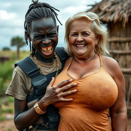 In an African village, a very short, malnourished 25-year-old Black woman with deeply dark skin and a fierce expression reveals her decayed teeth