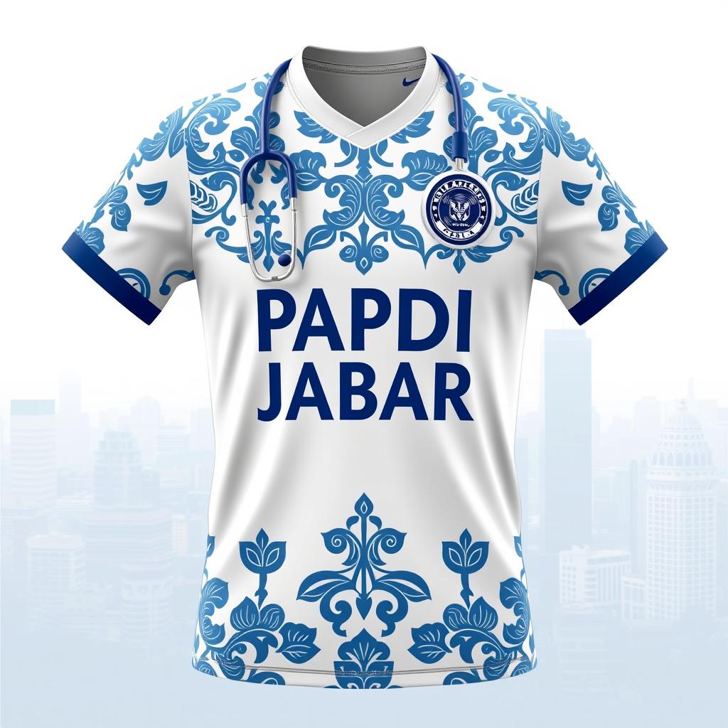 A white soccer jersey featuring a blue motif design, with the words 'PAPDI JABAR' prominently displayed on the chest area