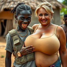 In an African village, a very short, malnourished 25-year-old Black woman with deep black skin and a fierce expression reveals her decayed teeth