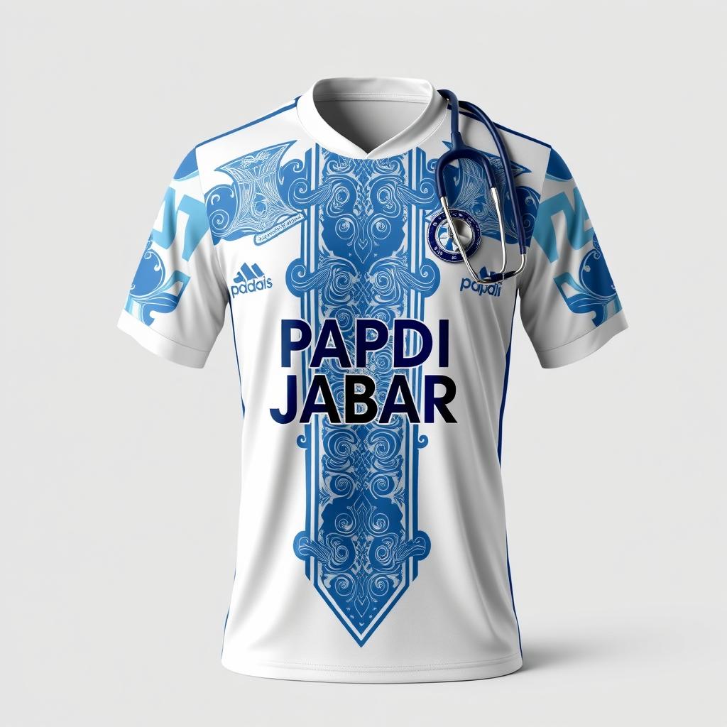 A stylish soccer jersey designed primarily in white with a blue motif, featuring a unique design that represents Bandung City