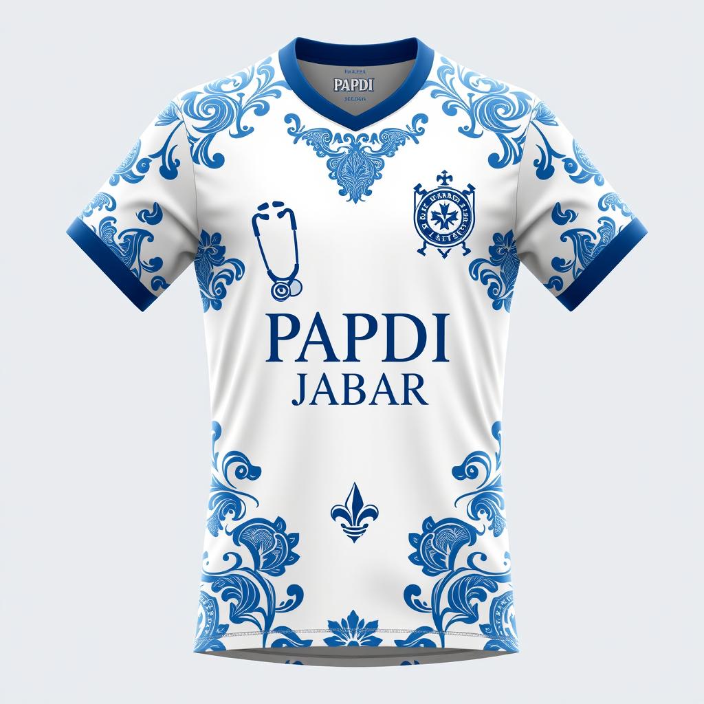 A soccer jersey design that features a white base with blue motifs, elegantly adorned with intricate ornamentation